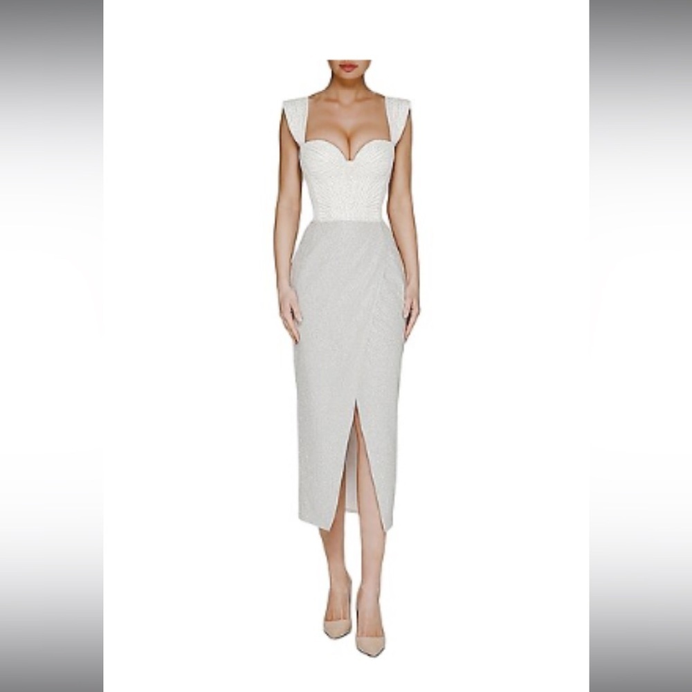 NWT Silver White Sparkle Sexy NEW Michele Laperle Wrap Midi Dress